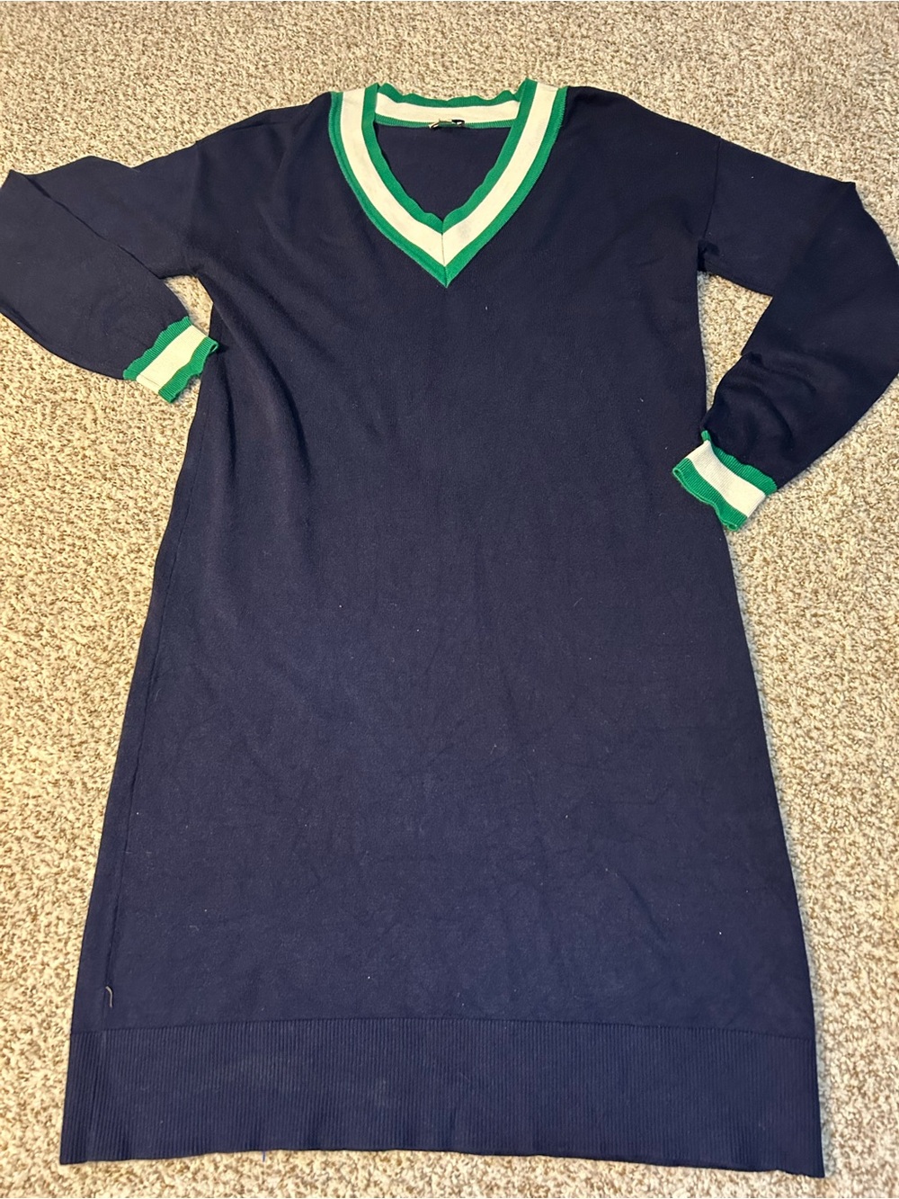 Daniel Cremieux Navy Sweater Dress with Green and White Trim - Picture 1 of 4